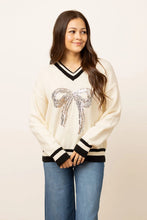 Load image into Gallery viewer, Emma+Grace Varsity Sweater with Sequin Bow on Front in Cream