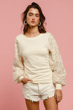 Load image into Gallery viewer, BiBi Solid Color Ribbed Top with Chenille and Sequin Floral Sleeves in Cream
