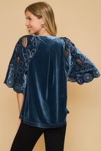 Load image into Gallery viewer, Umgee Velvet Split Neck Top with Floral Lace Sleeves in Slate Blue