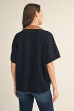 Load image into Gallery viewer, Jodifl Faux Leather Accent Drop Shoulder Solid Top in Black