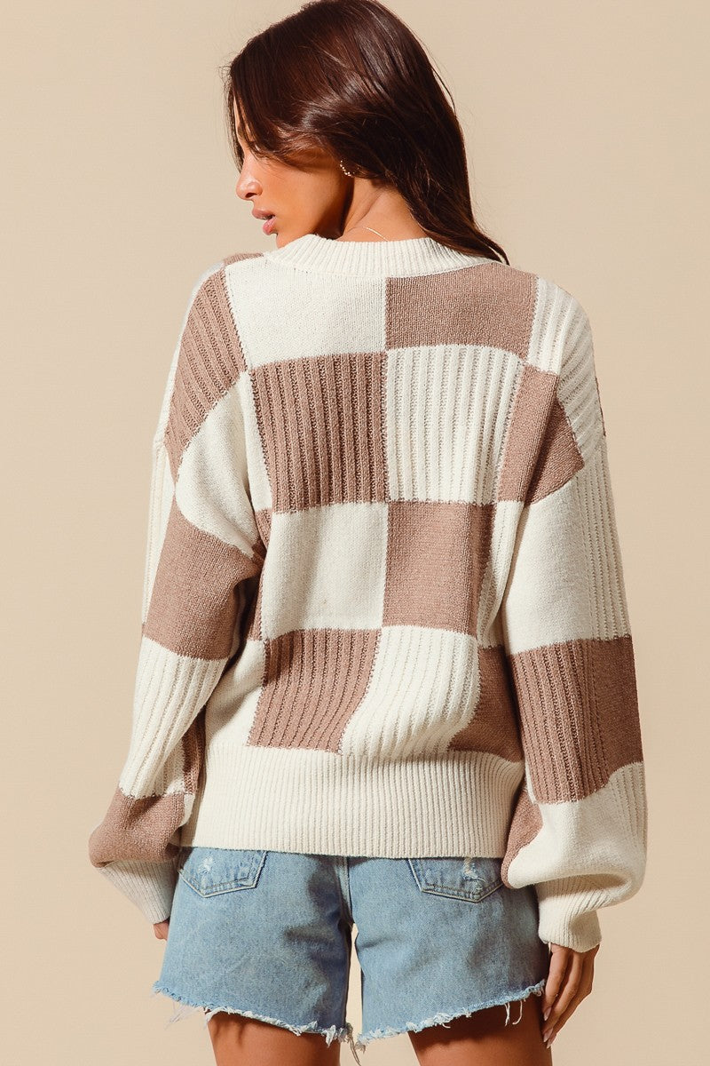 So Me Checkered pattern Button Front Cardigan in Coffee/Ivory
