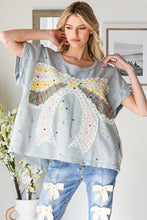Load image into Gallery viewer, Oli & Hali Paint Splatter Top with Large Ribbon Bow Patch on Front in Blue