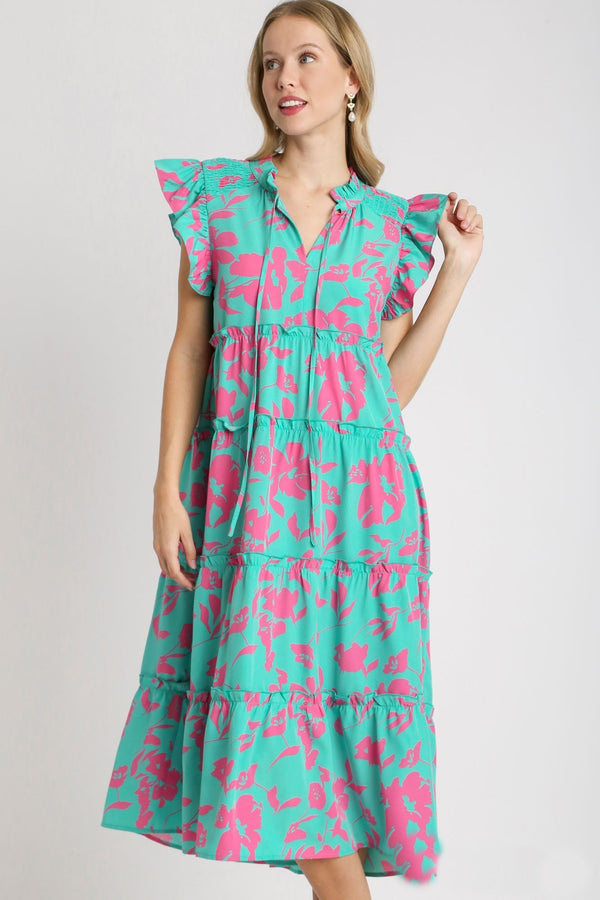 Umgee Split Neck Graphic Floral Print Tiered Maxi Dress in Cotton Candy Mix Dresses Umgee   