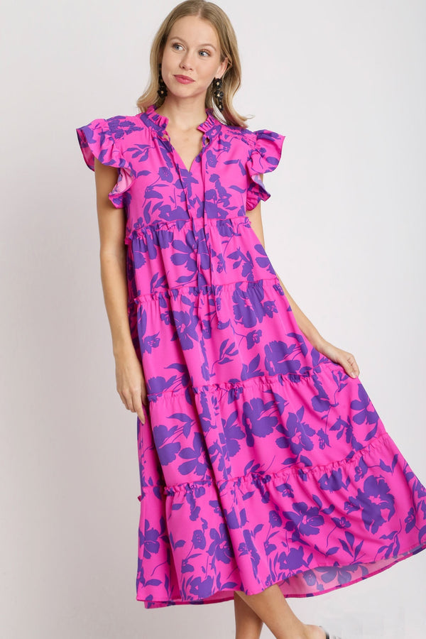Umgee Split Neck Graphic Floral Print Tiered Maxi Dress in Magenta Mix ON ORDER Dresses Umgee   
