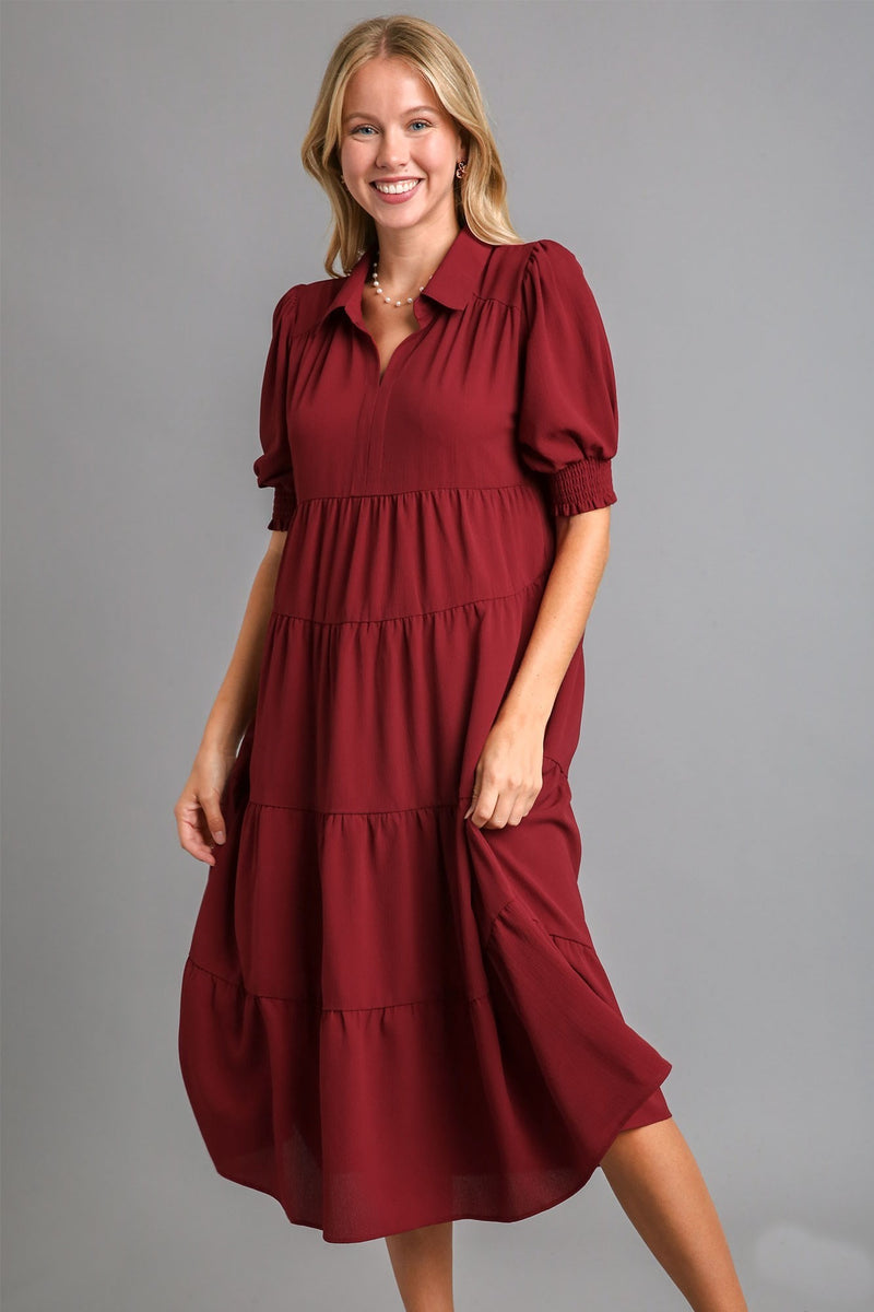 Umgee Collared Tiered Midi Dress in Wine June Adel