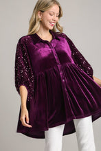 Load image into Gallery viewer, Umgee Velvet Tunic Dress with Sequin Contrast in Eggplant Dresses Umgee