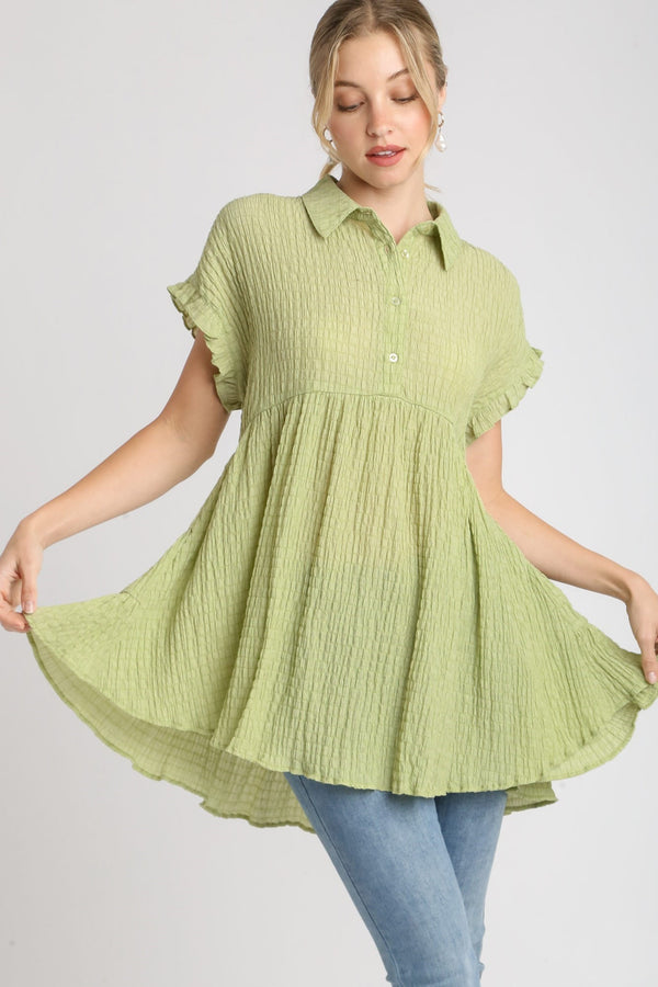 Umgee Solid Color Textured Fabric Babydoll Tunic Top in Lime Shirts & Tops Umgee   