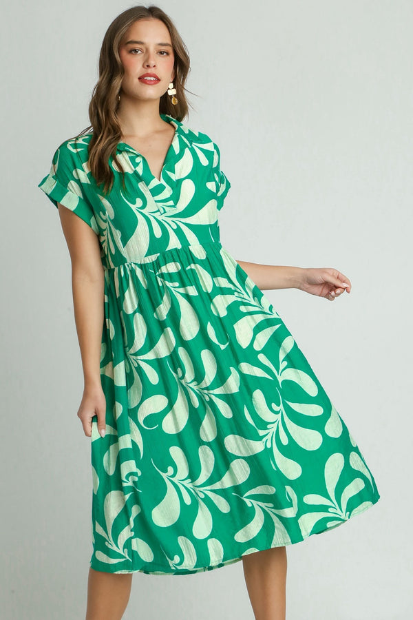 Umgee Two Tone Print Crinkle Midi Dress in Green Dresses Umgee   