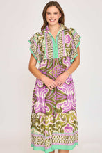 Load image into Gallery viewer, Umgee Boarder Print Midi Dress in Moss Mix