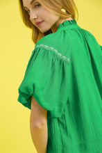 Load image into Gallery viewer, Umgee Solid Color Top with Contrasting Color Floral Embroidery in Kelly Green