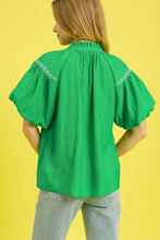 Load image into Gallery viewer, Umgee Solid Color Top with Contrasting Color Floral Embroidery in Kelly Green