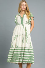 Load image into Gallery viewer, Umgee Two Toned Striped and Tropical Floral Print Midi Dress in Sage