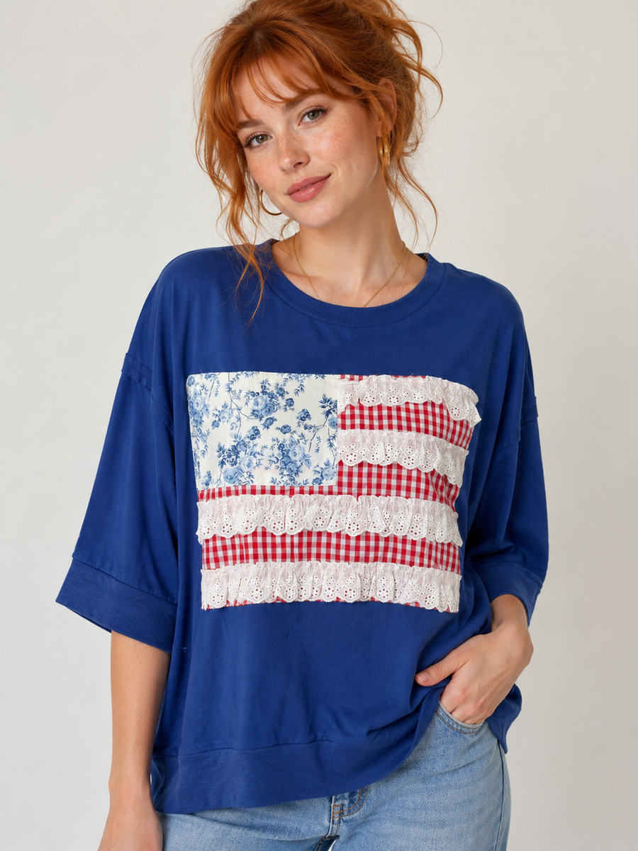 BiBi Americana Patched Front French Terry Top in Navy – June Adel