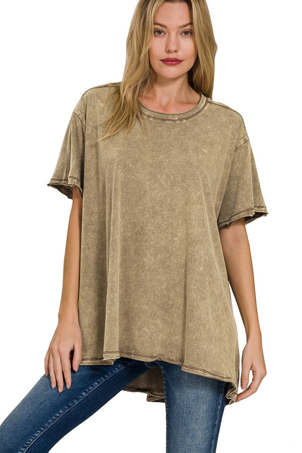 Mineral Washed Oversized Top in Mocha Shirts & Tops Zenana   