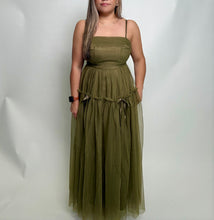 Load image into Gallery viewer, Listicle Ruched Mesh Bow Maxi Dress in Olive
