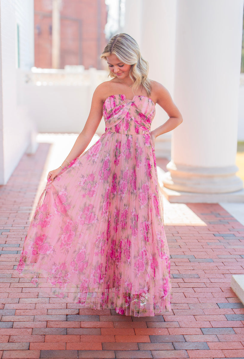floral mesh maxi dress FATE Print Pleated in Blush Pink S side zipper closure Spaghetti Strap Evening Dress, Style:D1018975C junior-bridesmaid-dress