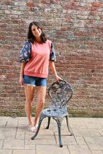 Load image into Gallery viewer, Easel Terry Knit Top with Contrasting Floral Print Denim Sleeves in Boho Red