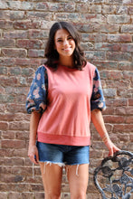 Load image into Gallery viewer, Easel Terry Knit Top with Contrasting Floral Print Denim Sleeves in Boho Red