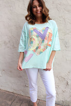 Load image into Gallery viewer, Easel OVERSIZED Heart and Love Patched Top in Mint Blue