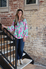 Load image into Gallery viewer, BiBi Bold Floral Print Exaggerated Balloon Sleeve Top in Fuchsia/Teal
