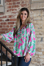Load image into Gallery viewer, BiBi Bold Floral Print Exaggerated Balloon Sleeve Top in Fuchsia/Teal