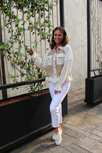 Load image into Gallery viewer, POL Open Knit Eyelet Lace Top with 3D Flowers and Pearls Rhinestone Embellishments in Mocha/Cream