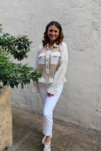 Load image into Gallery viewer, POL Open Knit Eyelet Lace Top with 3D Flowers and Pearls Rhinestone Embellishments in Mocha/Cream