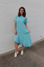 Load image into Gallery viewer, Easel Solid Color Knit Maxi Dress with Daisy Patches in Aqua Blue