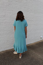 Load image into Gallery viewer, Easel Solid Color Knit Maxi Dress with Daisy Patches in Aqua Blue