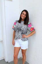 Load image into Gallery viewer, VOY Abstract Print Top with Floral Embroidery on Sleeves in Black