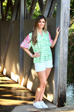 Load image into Gallery viewer, VOY Abstract Print Top with Floral Embroidered Sleeves in Green