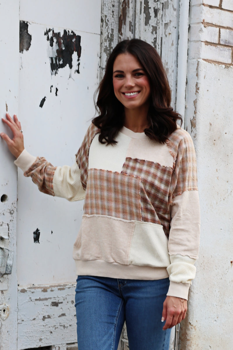 Easel Mix N Match Patchwork Pullover Top in Oatmeal – June Adel