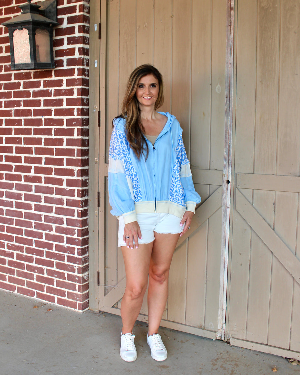 トップス bibi BiBi OVERSIZED Crinkle Gauze and Leopard Color Block Zip Up Hooded