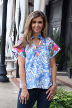 Load image into Gallery viewer, THML Two Tone Mixed Print Top with Floral Embroidery Details in Blue