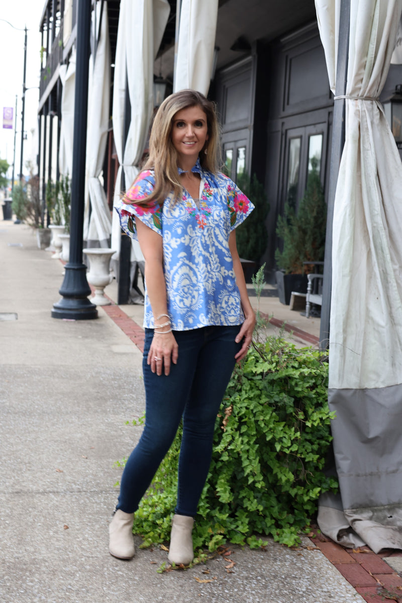 THML Two Tone Mixed Print Top with Floral Embroidery Details in