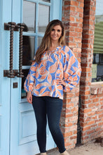 Load image into Gallery viewer, BiBi Bold Floral Print Exaggerated Balloon Sleeve Top in Royal/Orange