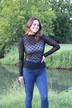 Load image into Gallery viewer, Oddi Sheer Mesh Top with Tonal Bow Embroidery in Black
