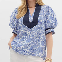 Load image into Gallery viewer, Entro Floral Print Top with Contrasting Accents in Blue