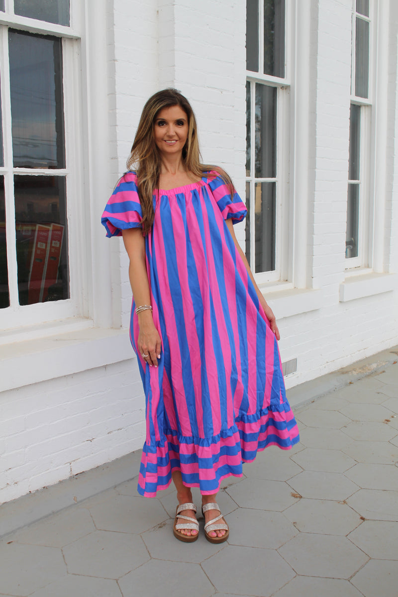 Peach Love Contrasting Bold Stripe Maxi Dress in Royal/Pink S