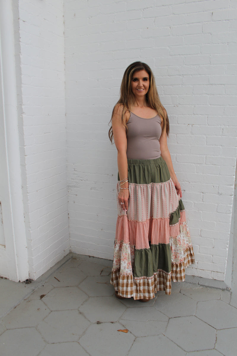 Easel Mixed Print Patchwork Maxi Skirt in Olive – June Adel