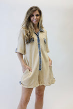 Load image into Gallery viewer, J.nna Solid Color Waffle Knit Romper with Contrasting Denim Trim in Taupe