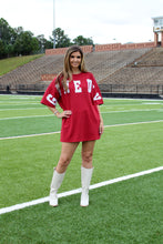 Load image into Gallery viewer, Peach Love OVERSIZED Tee Dress with Sequin GAME DAY Patched Front in Crimson