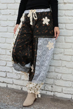 Load image into Gallery viewer, POL Mixed Patchwork Joggers with Crochet Flower Patches in Black Multi