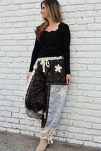 Load image into Gallery viewer, POL Mixed Patchwork Joggers with Crochet Flower Patches in Black Multi