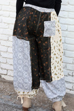 Load image into Gallery viewer, POL Mixed Patchwork Joggers with Crochet Flower Patches in Black Multi