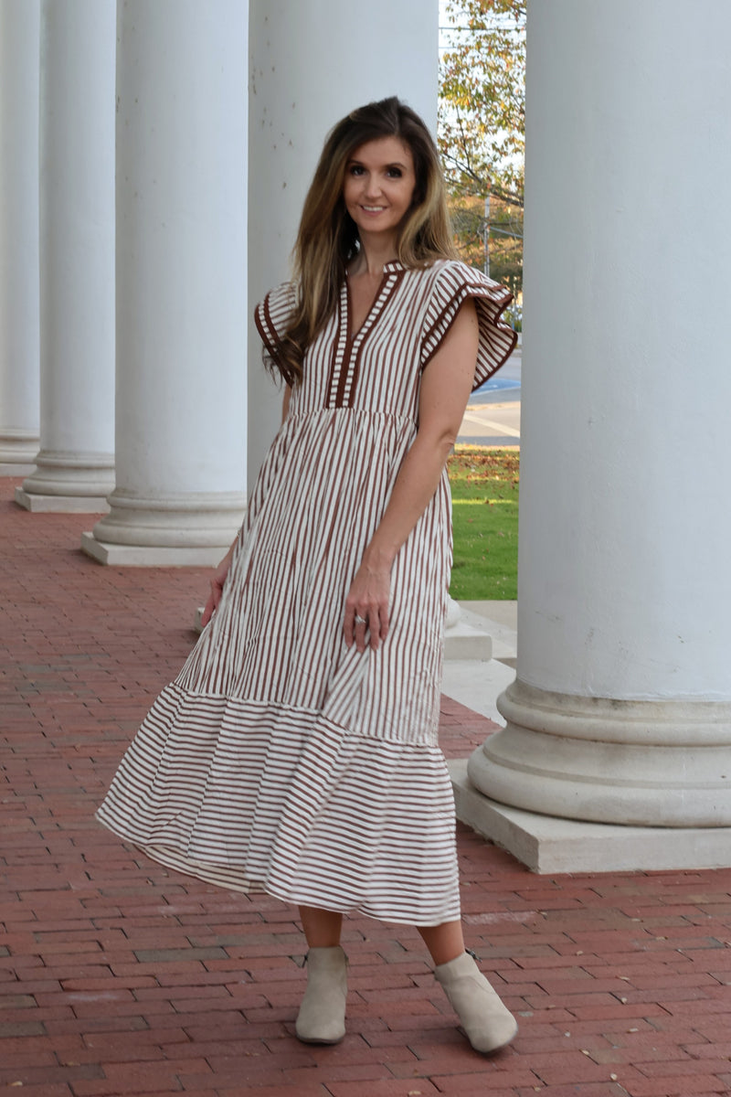 Entro A-Line Contrasting Striped Maxi Dress in Brown S at June Adel