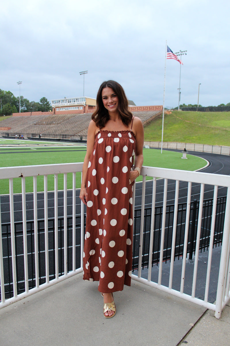 Things Between Linen Blend Polka Dot Maxi Dress in Brown M