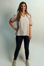 Load image into Gallery viewer, Jodifl Lightweight Solid Color Top with Contrasting Stripe Accents in Oatmeal