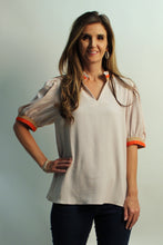 Load image into Gallery viewer, Jodifl Lightweight Solid Color Top with Contrasting Stripe Accents in Oatmeal