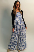 Load image into Gallery viewer, BiBi Mineral Washed Denim Rose Print Wide Leg Jumpsuit in Ivory/Blue